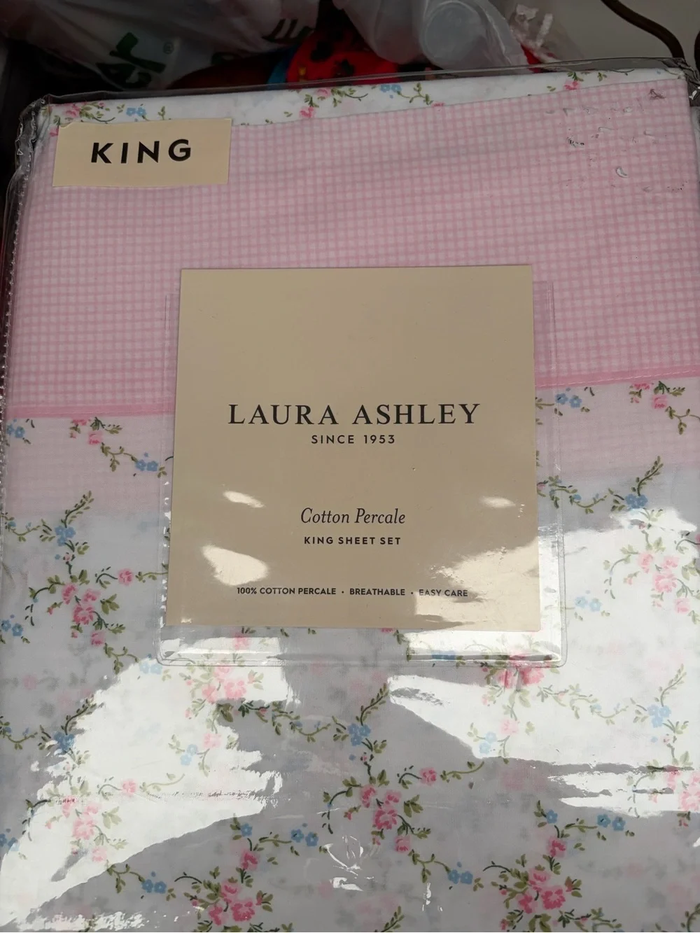 Laura Ashley Pink Gingham and Floral Cotton Percale King Sheets